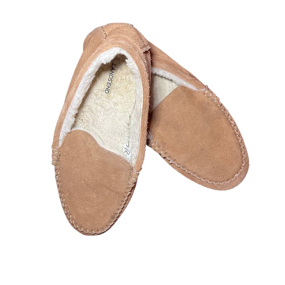 Cabincore Lands’ End Mens Brown Suede Cozy Fuzzy-Lined Moccasin Slippers Size 12